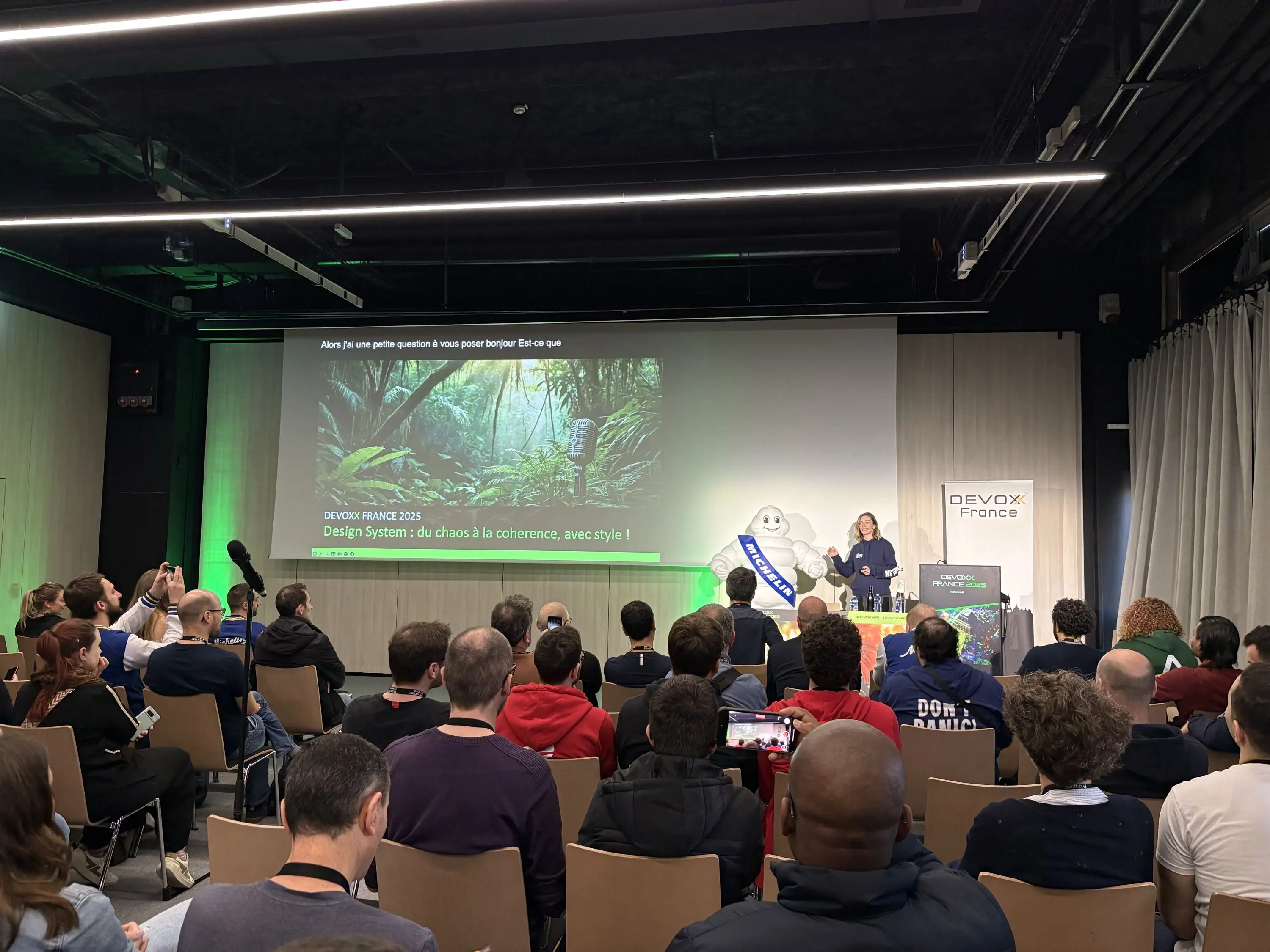 Photo of Claire Gourcy and Bibendum during her talk.