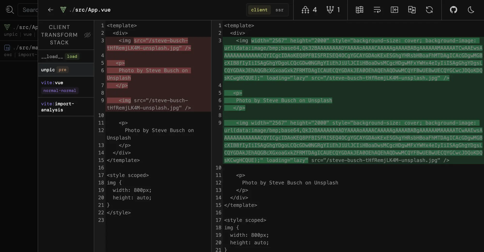 Vite Plugin Inspect - Image Transformation Steps