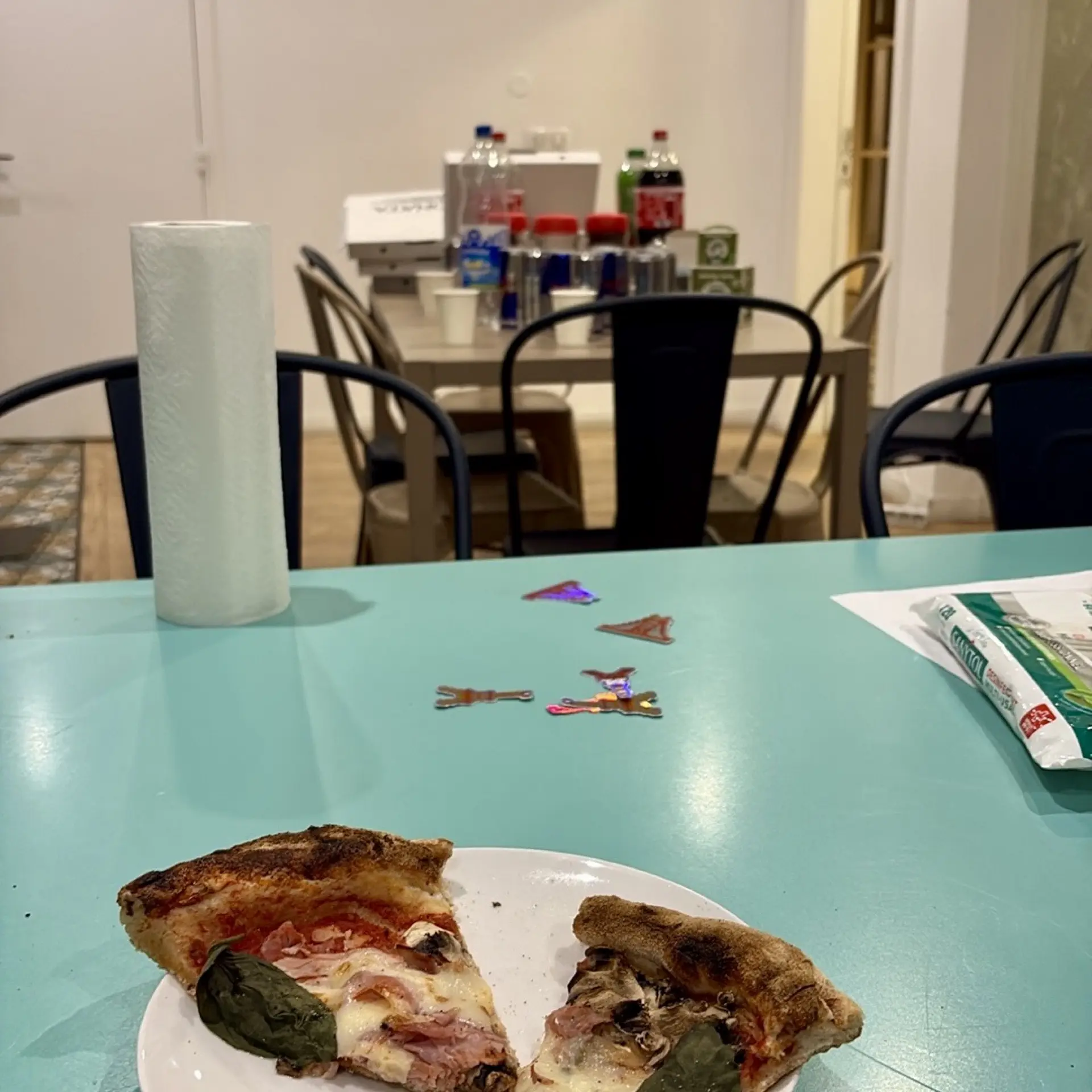 Eating some pizza to recharge the batteries.