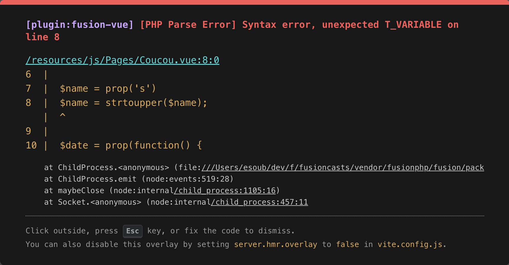 The Vite error overlay showing the error in the PHP code