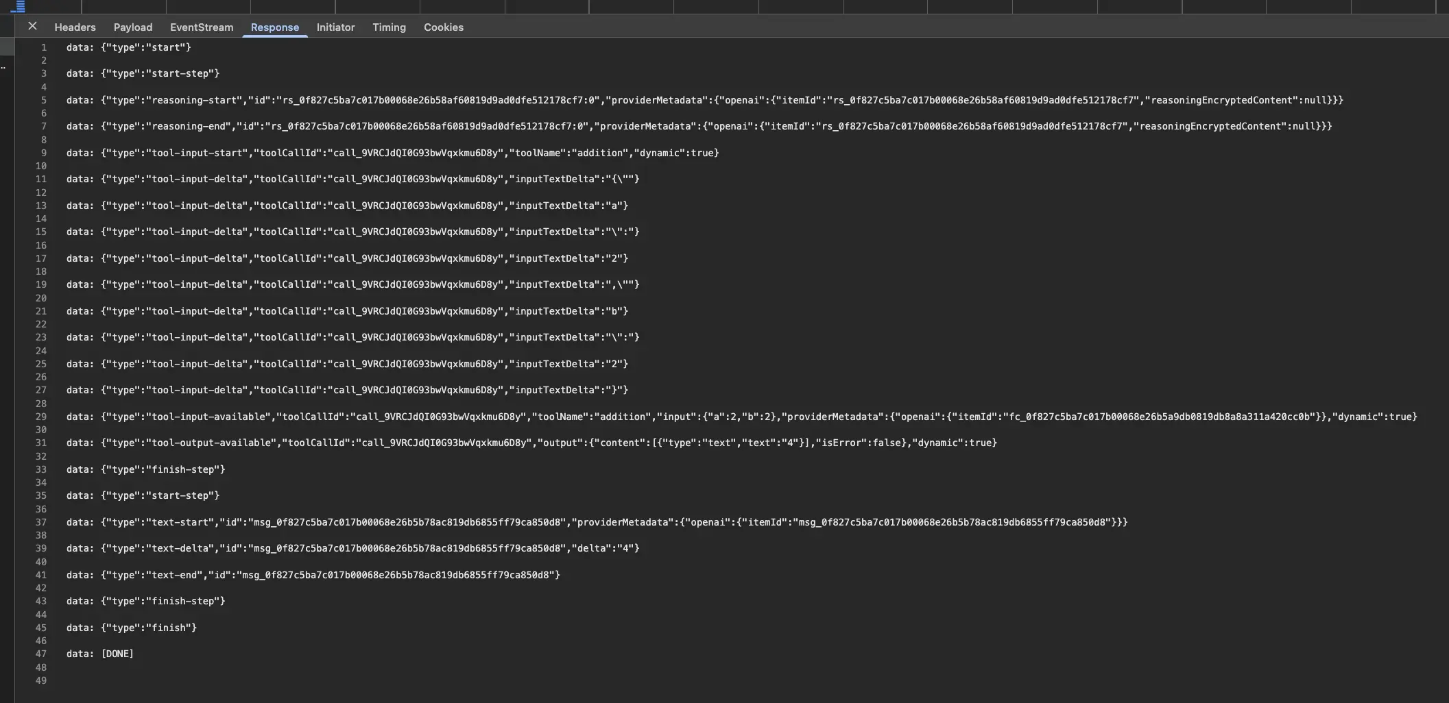 The Event Stream from the /api/chat endpoint