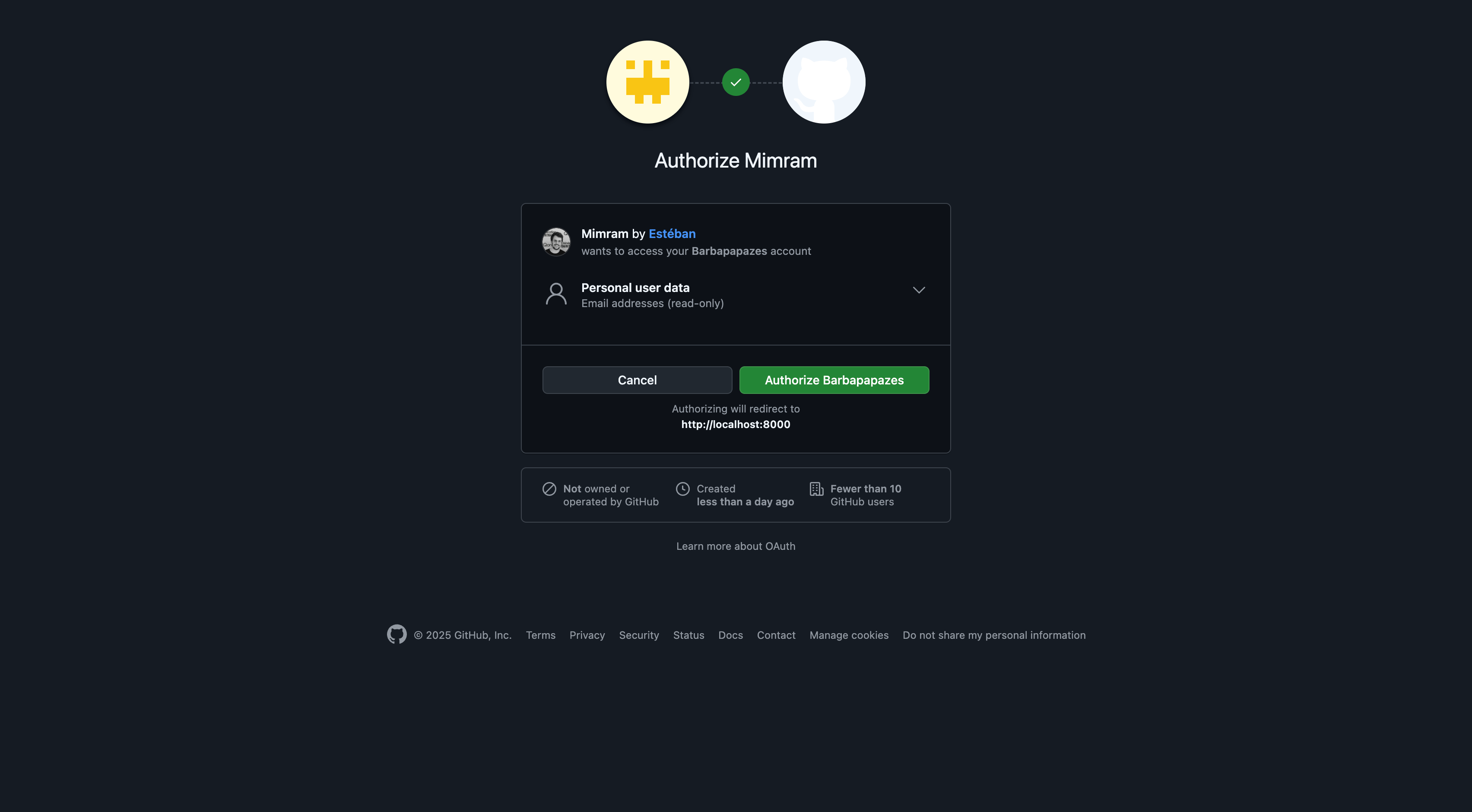 Après la redirection, vous devriez arriver sur la page d'autorisation de GitHub
